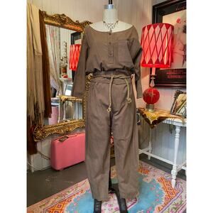 vintage 1980s brown cotton jumpsuit foxy lady belted batwing tie dyed omber med
